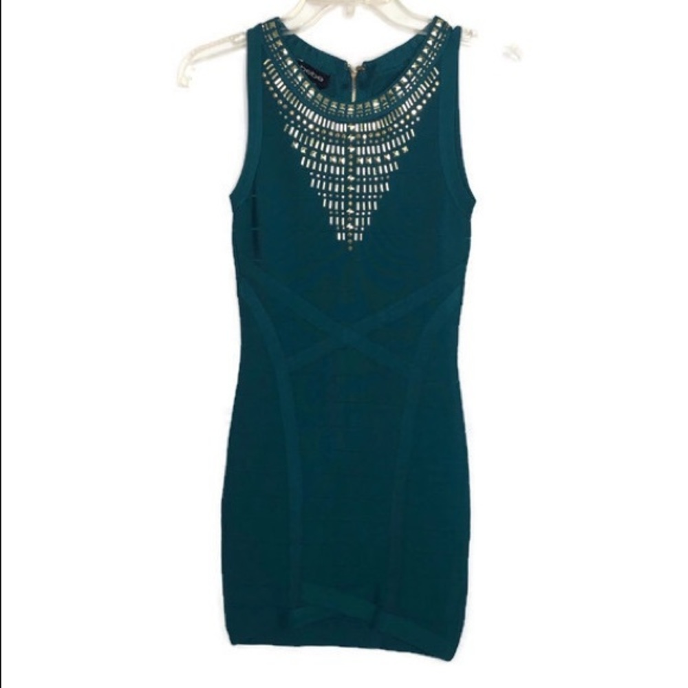 BEBE TEAL BLING WIGGLE DRESS XS